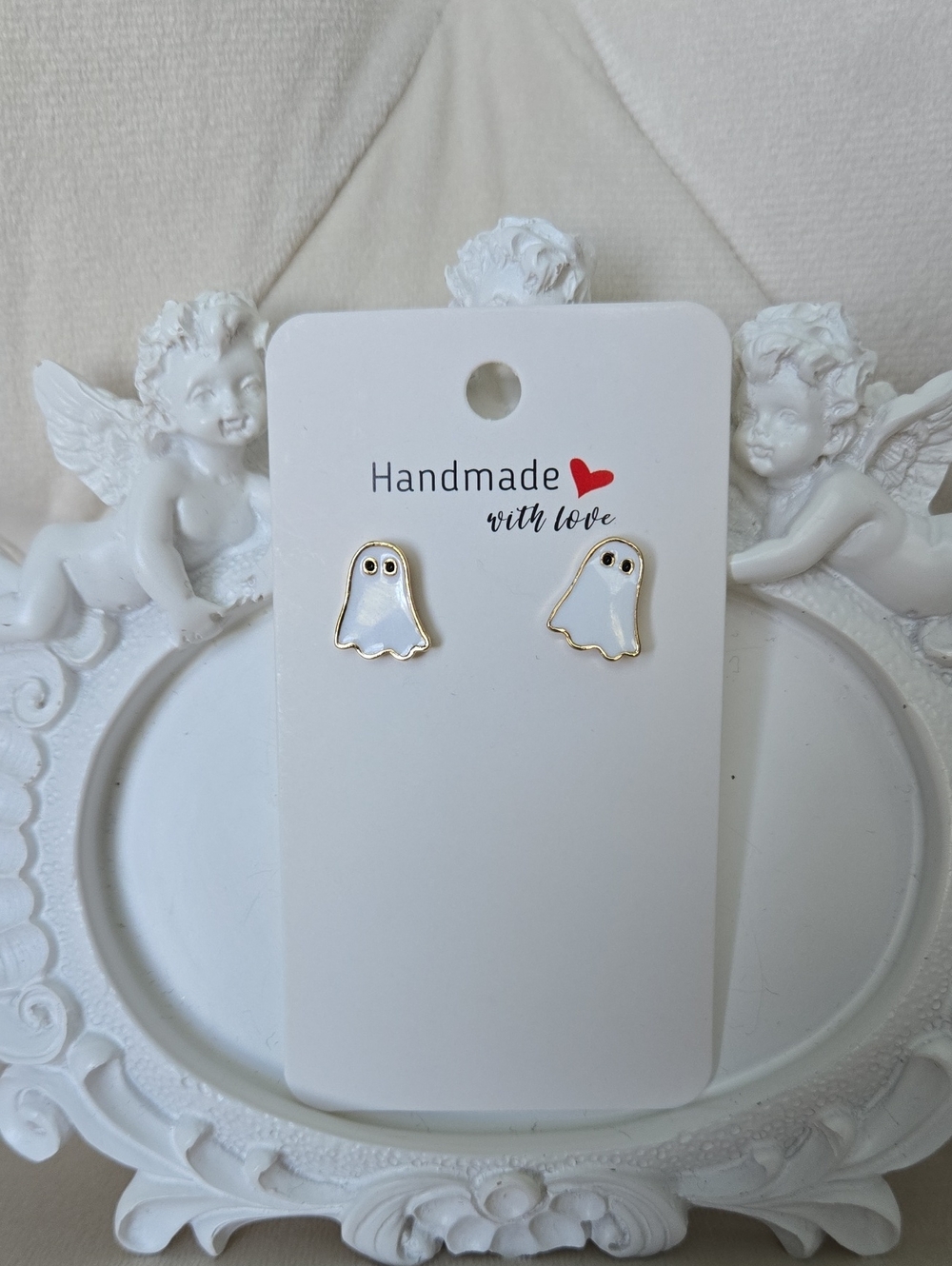 Handmade Petite White Enamel Ghost Stud Earrings W/ Gold Trim, NWT